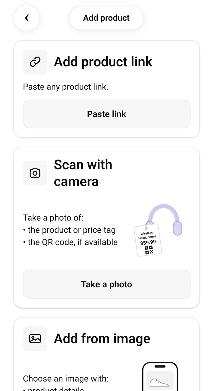 SendCart Add product screen with options to save a link or screenshot.