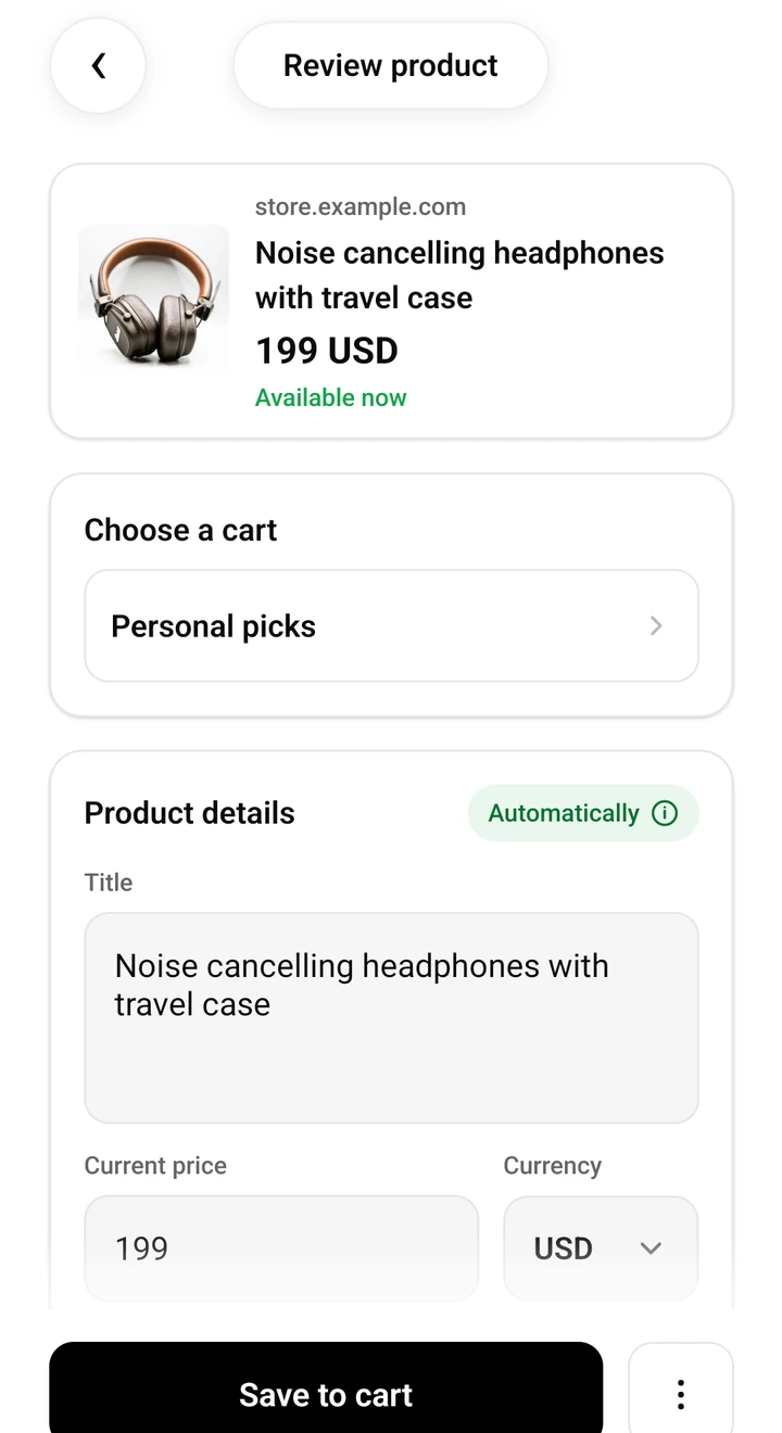 SendCart confirmation screen with a detected product, price, and cart.