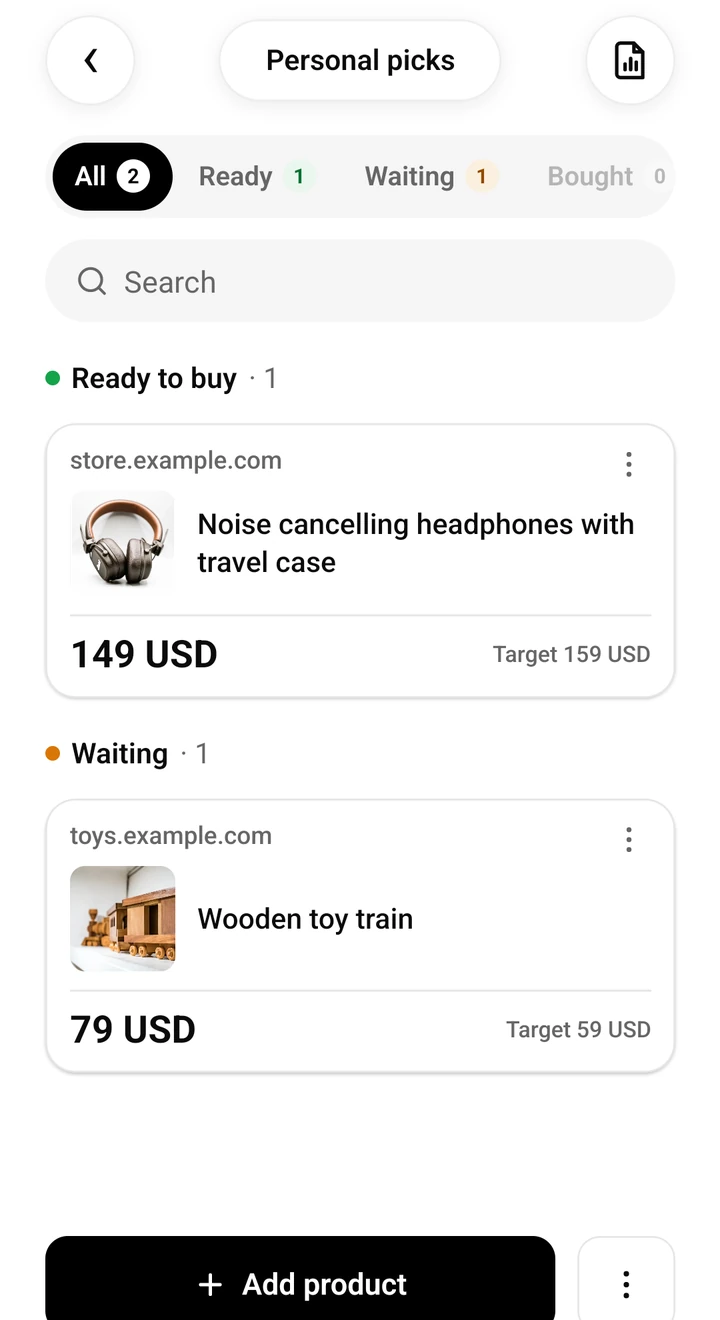 SendCart cart showing products that are ready to buy, waiting, or bought.